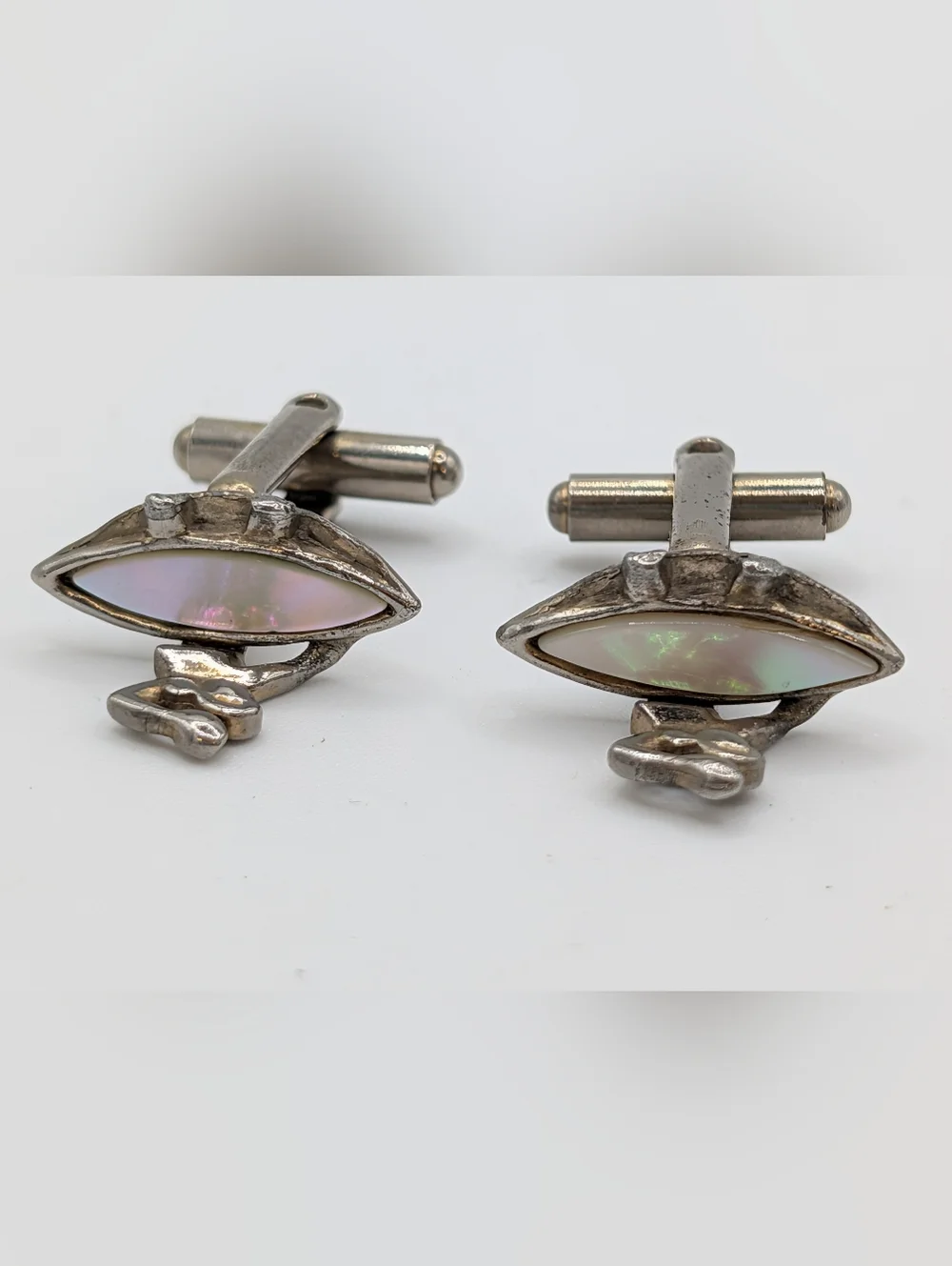 Vtg Surfer Girl Silver Tone Cufflinks Shell Top Surfboard